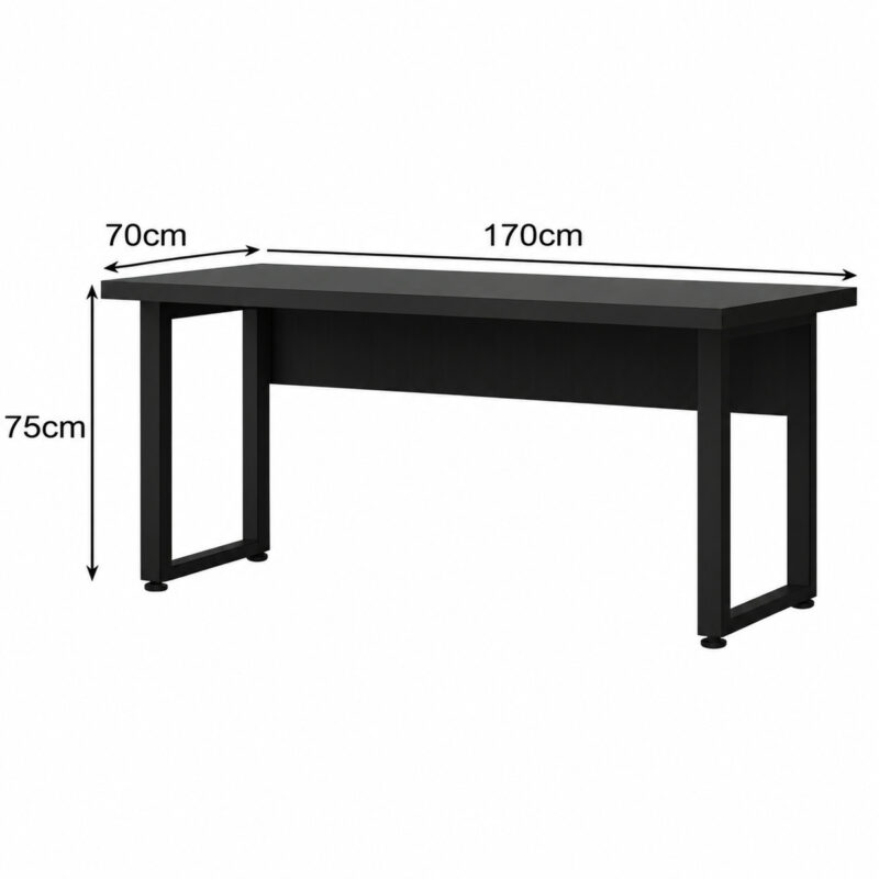 Diagrama da mesa preta com pé quadro indicando largura de 170 cm, profundidade de 70 cm e altura de 75 cm.