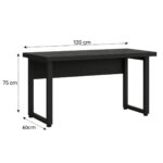 Medidas da mesa preta com pé quadro de 120 por 60 cm Diagrama da mesa preta com pé quadro indicando largura de 120 cm, profundidade de 60 cm e altura de 75 cm.