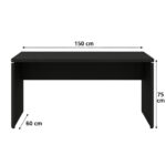 Diagrama da mesa preta com pés painel indicando largura de 150 cm, profundidade de 60 cm e altura de 75 cm.