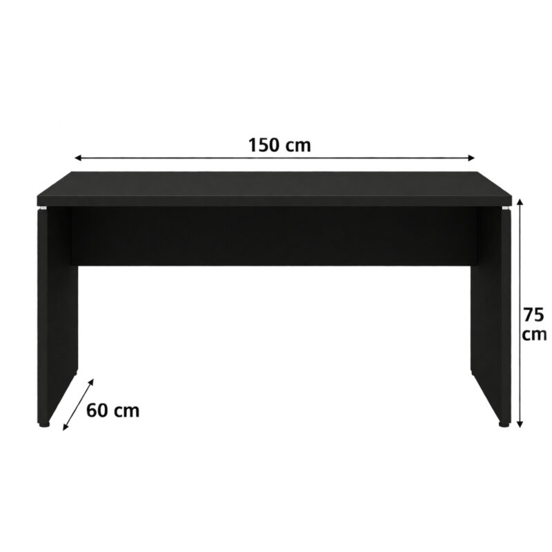 Diagrama da mesa preta com pés painel indicando largura de 150 cm, profundidade de 60 cm e altura de 75 cm.
