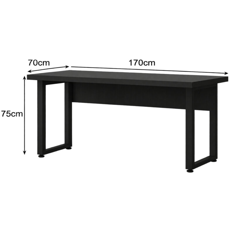 Mesa principal preta com pé quadro em diagrama indicando largura de 170 cm, profundidade de 70 cm e altura de 75 cm.
