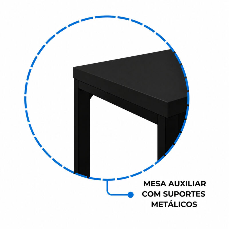 Ampliação circular do canto da mesa preta mostrando a borda do tampo e o encontro com os suportes metálicos.