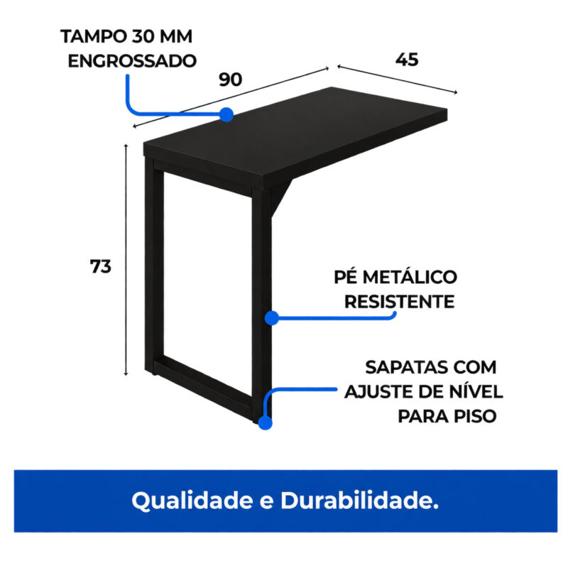 Diagrama da mesa auxiliar preta com tampo de 90 por 45 cm, altura de 73 cm e apoio metálico em formato de quadro.