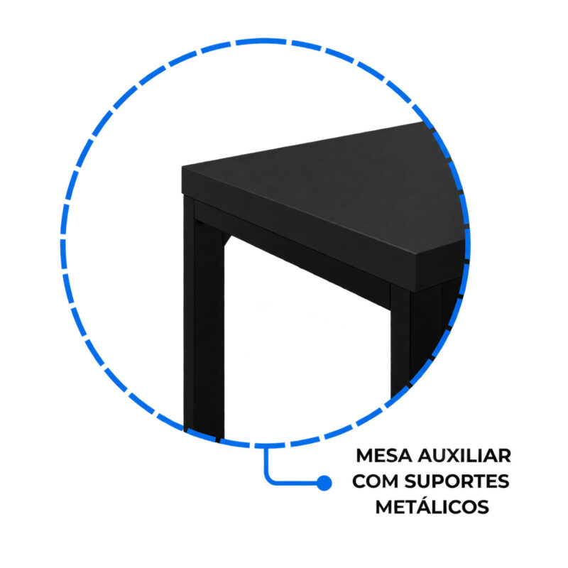 Ampliação circular do canto da mesa auxiliar preta mostrando a borda do tampo e sua ligação com o suporte metálico.