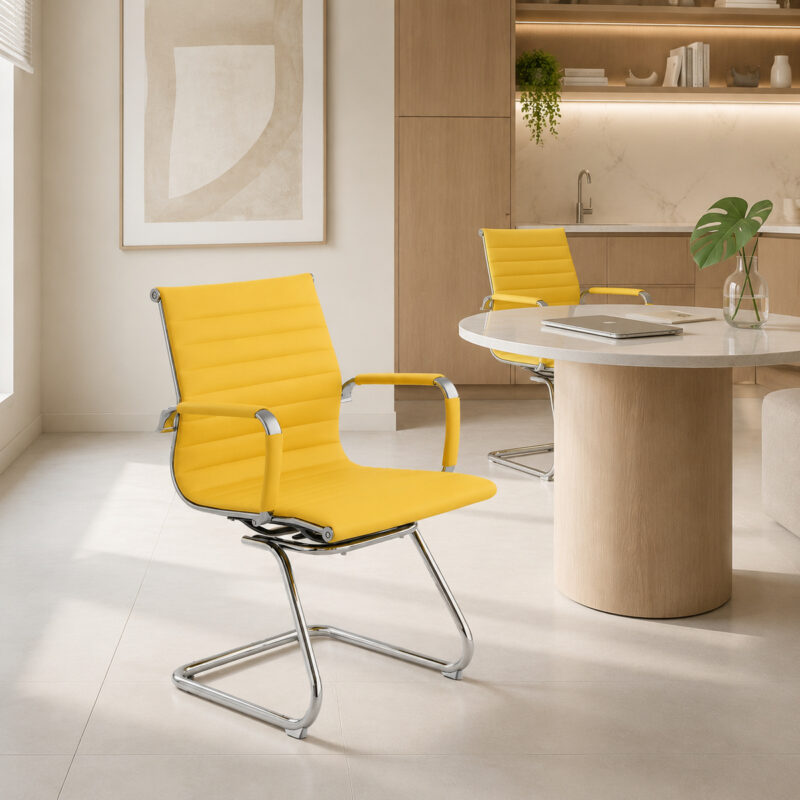 Cadeira Interlocutor Charles Eames Pastel posicionada junto a mesa em ambiente claro de escritório.