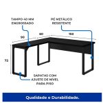Móveis para Escritório Mesa em L PÉ QUADRO (Mesa 1,50m + Mesa Auxiliar) - S/ Gavetas - PRETO / PRETO - 26010