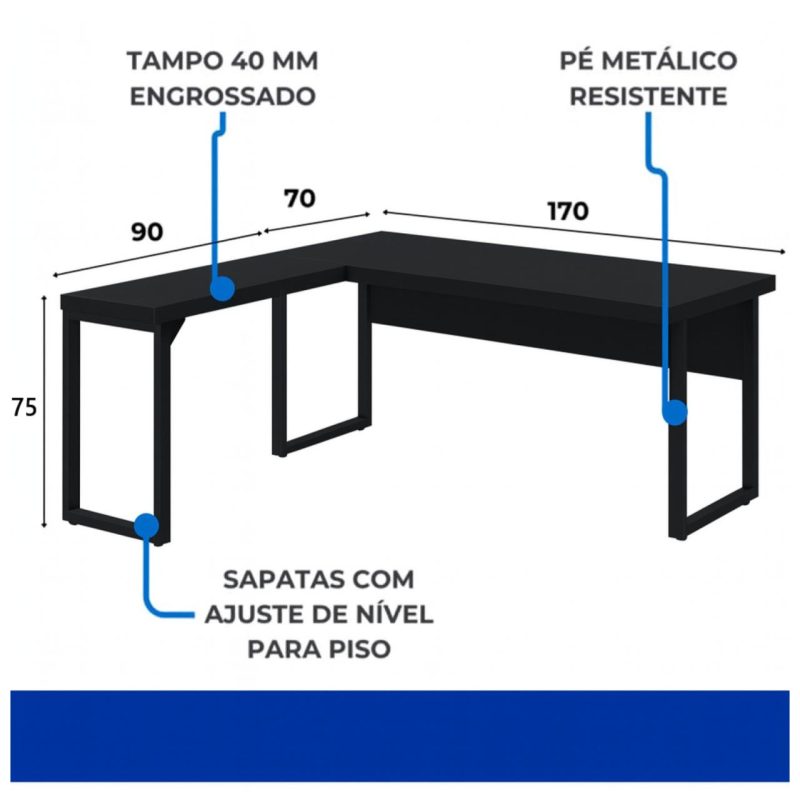 Móveis para Escritório Mesa em L PÉ QUADRO (Mesa 1,70m + Mesa Auxiliar) - S/ Gavetas - PRETO / PRETO - 26011