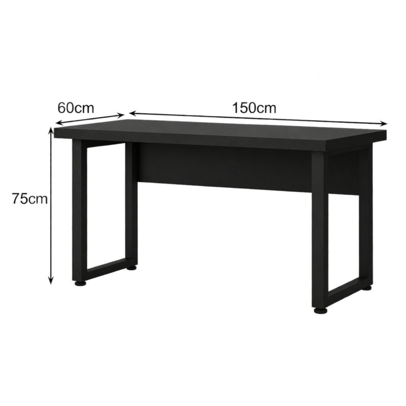 Mesa preta com pés em quadro e setas indicando 150 cm de largura, 60 cm de profundidade e 75 cm de altura.
