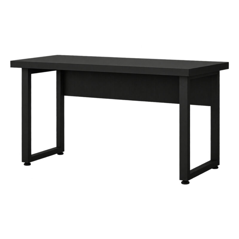 Mesa preta sem gavetas em perspectiva, com lateral direita em destaque, tampo retangular e pés em quadro.