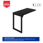 Mesa auxiliar preta com orientações de manutenção e limpeza Mesa auxiliar preta em perspectiva, com selo vermelho no canto superior e faixa azul com orientações de limpeza.