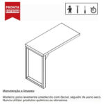Desenho em perspectiva da mesa auxiliar com pé quadro Desenho em linhas da mesa auxiliar com tampo retangular e pé em quadro, acompanhado de orientações de limpeza.