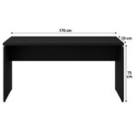 Mesa principal preta com indicação de 170 cm de largura, 70 cm de profundidade e 75 cm de altura.