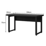 Mesa preta retangular com cotas de 150 cm de largura, 60 cm de profundidade e 75 cm de altura.