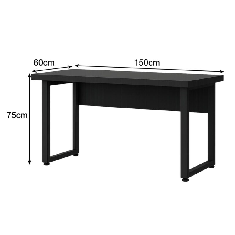 Mesa preta retangular com cotas de 150 cm de largura, 60 cm de profundidade e 75 cm de altura.