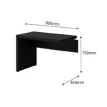 Diagrama da mesa auxiliar preta com 900 mm de comprimento, 450 mm de profundidade e 750 mm de altura.