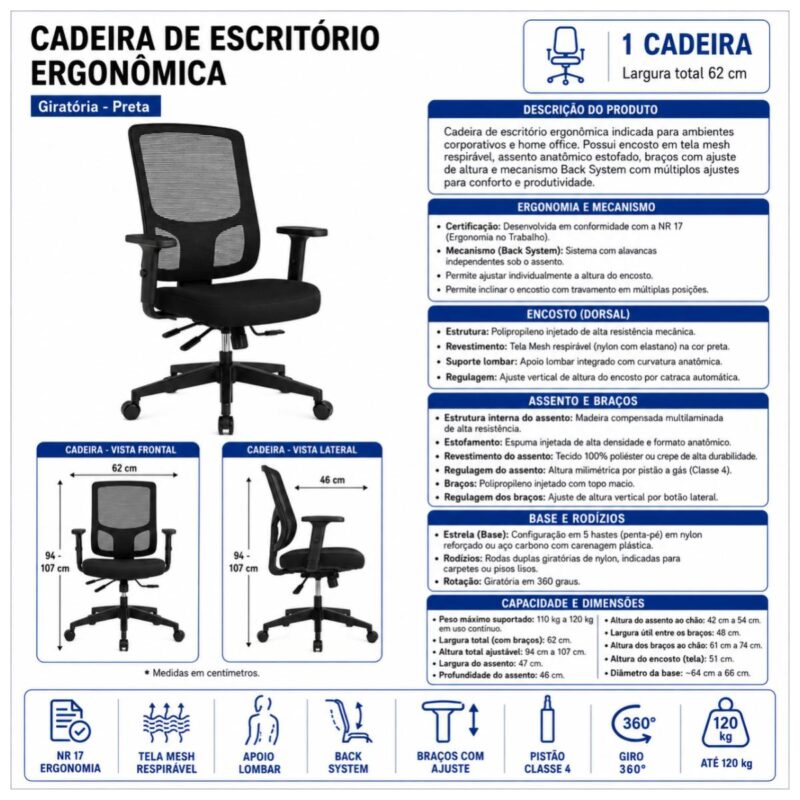 Cadeira de Escritório Cadeira Ergonômica para Escritório NR17 Tela Mesh e Estrutura Preta Fosca