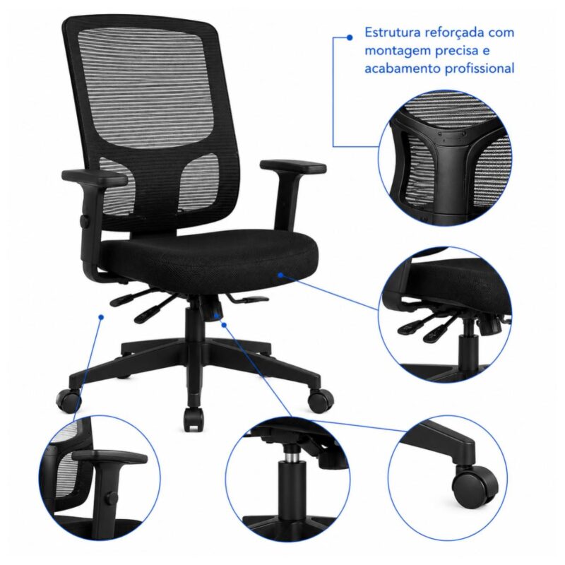 Cadeira de Escritório Cadeira Ergonômica para Escritório NR17 Tela Mesh e Estrutura Preta Fosca