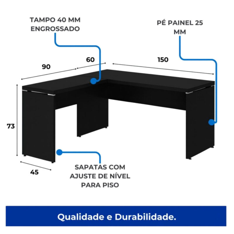 Ilustração da mesa preta em L com medidas de 150, 90, 60 e 45 cm, altura indicada de 73 cm, tampo de 40 mm e pé painel de 25 mm.