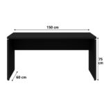 Medidas da mesa principal de 150 × 60 × 75 cm Mesa preta reta com pés em painel e setas indicando 150 cm de largura, 60 cm de profundidade e 75 cm de altura.