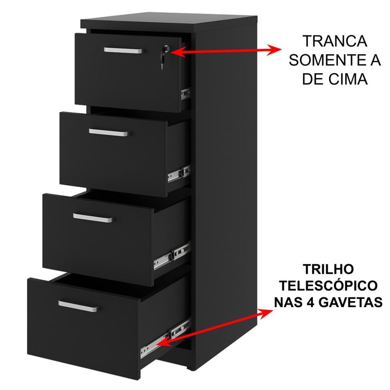 Móveis para Escritório Arquivo de Madeira para Pasta Suspensa com 4 Gavetas - MDP PRETO - 26035