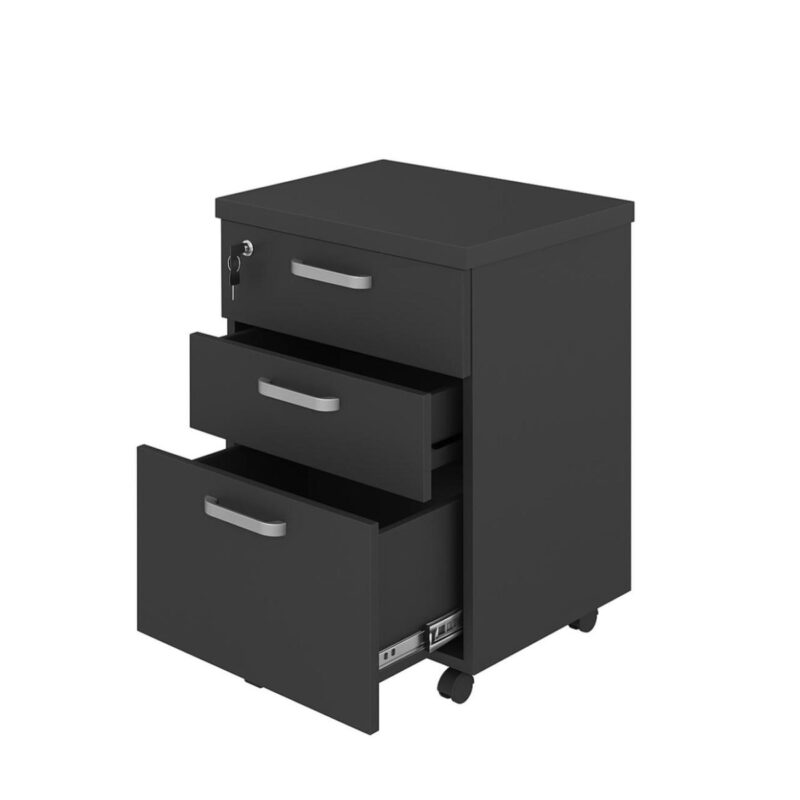 Gaveteiro preto visto pela lateral direita, com duas gavetas abertas, puxadores prateados, fechadura e rodízios.