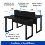 Medidas da mesa dupla preta de 150 por 135 cm Diagrama da mesa dupla preta com medidas de 150 por 135 cm, altura de 73 cm e indicação de tampo de 40 mm.