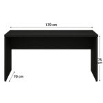 Diagrama da mesa preta com pés painel indicando largura de 170 cm, profundidade de 70 cm e altura de 75 cm.