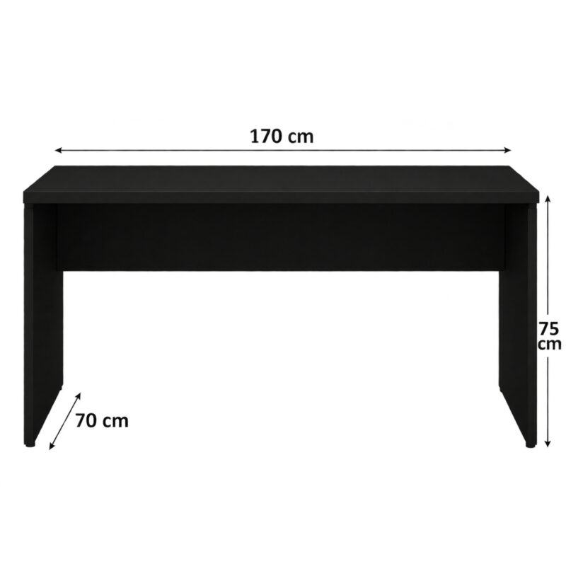 Diagrama da mesa preta com pés painel indicando largura de 170 cm, profundidade de 70 cm e altura de 75 cm.