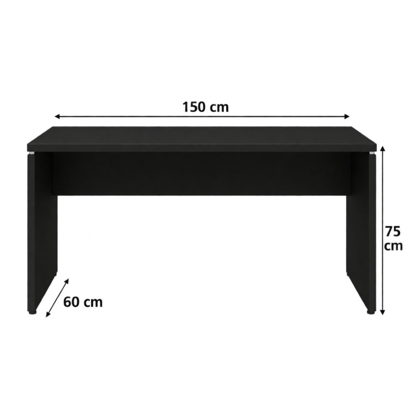 Diagrama de mesa reta preta com pés painel indicando largura de 150 cm, profundidade de 60 cm e altura de 75 cm.