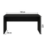 Mesa individual preta com medidas indicadas de 150 cm de largura, 60 cm de profundidade e 75 cm de altura.