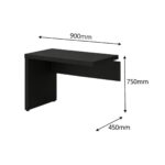 Medidas da mesa auxiliar preta de 90 por 45 cm Diagrama da mesa auxiliar preta com largura de 900 mm, profundidade de 450 mm e altura de 750 mm.