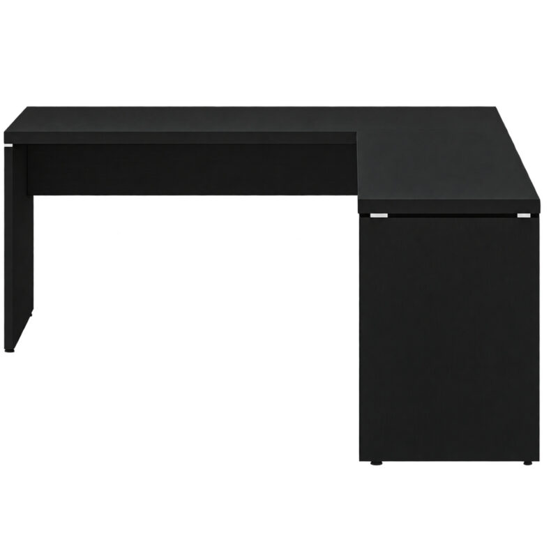 Mesa em L preta com auxiliar à direita da imagem, pés painel e espaço livre sob os tampos, sem gaveteiro aparente.