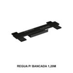 Régua preta para bancada de 1,20 m, com pontos de conexão na face superior e suporte inferior para instalação.