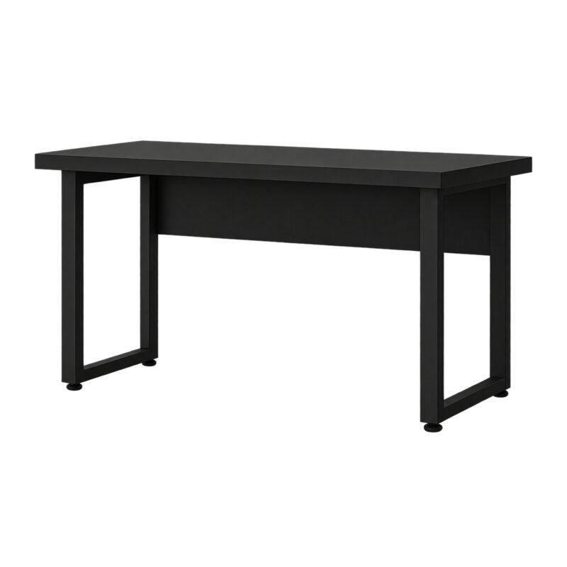 Mesa individual preta em perspectiva complementar com tampo retangular, painel central e pés em formato de quadro.