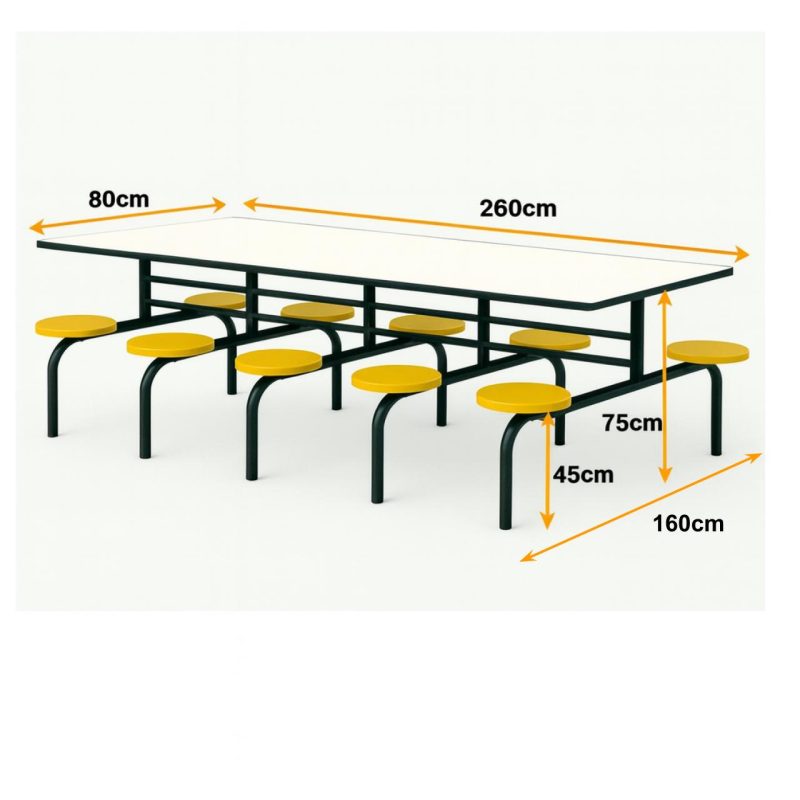 Mesa para Refeitório FIXA 10 Lugares MDP Branco de 25 mm - Assento AMARELO - 50105