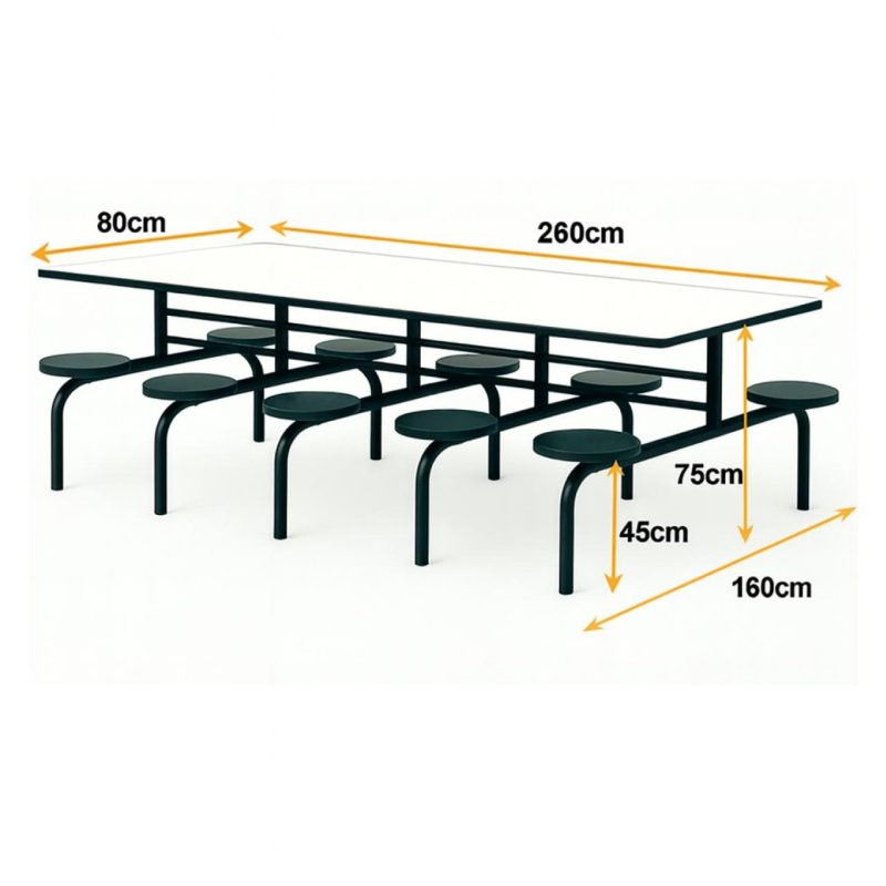 Mesa para Refeitório FIXA 10 Lugares MDP Branco de 25 mm - Assento Preto - 50046