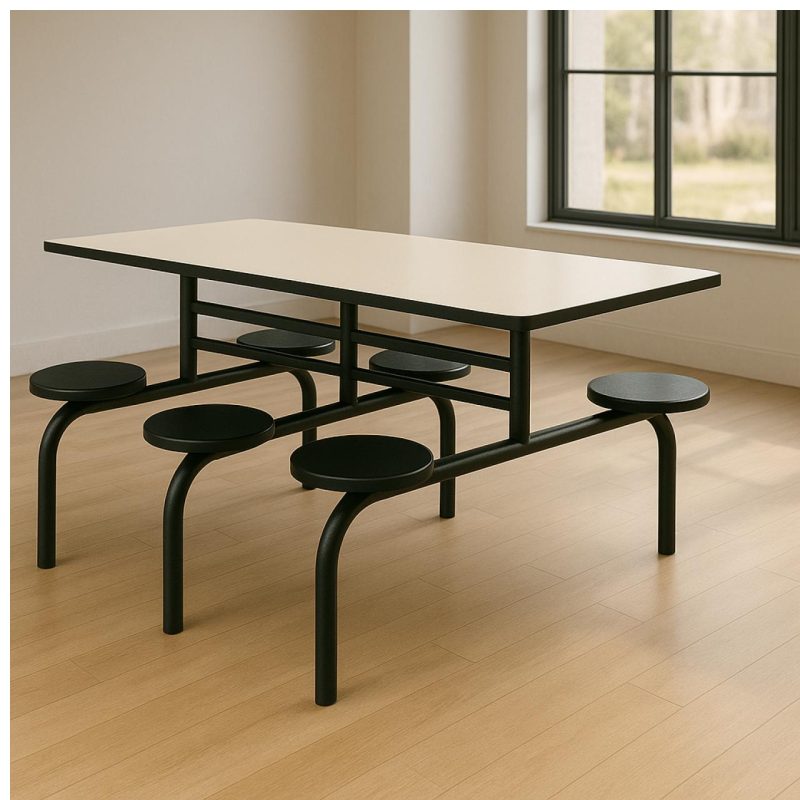 Mesa para Refeitório FIXA 6 Lugares MDP Branco de 25 mm - Assento PRETO - 50202