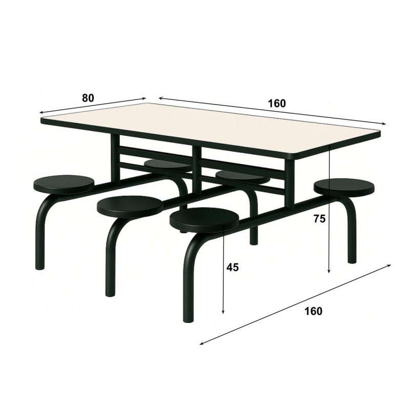 Mesa para Refeitório FIXA 6 Lugares MDP Branco de 25 mm - Assento PRETO - 50202