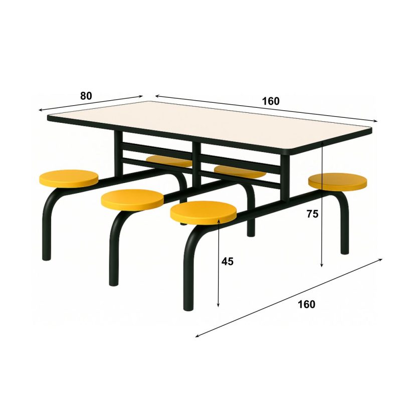 Mesa para Refeitório FIXA 6 Lugares MDP Branco de 25 mm - Assento AMARELO - 50203