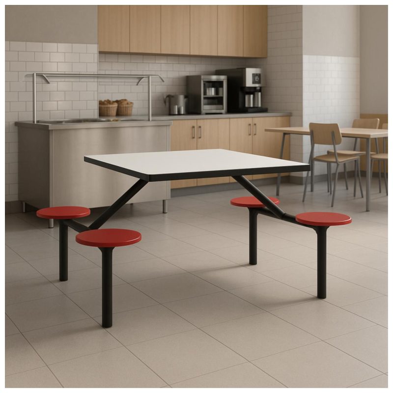 Mesa para Refeitório FIXA 4 Lugares MDP Branco de 25 mm - Assento VERMELHO - 50302 Mesa para Refeitório FIXA 4 Lugares MDP Branco de 25 mm - Assento VERMELHO - 50302