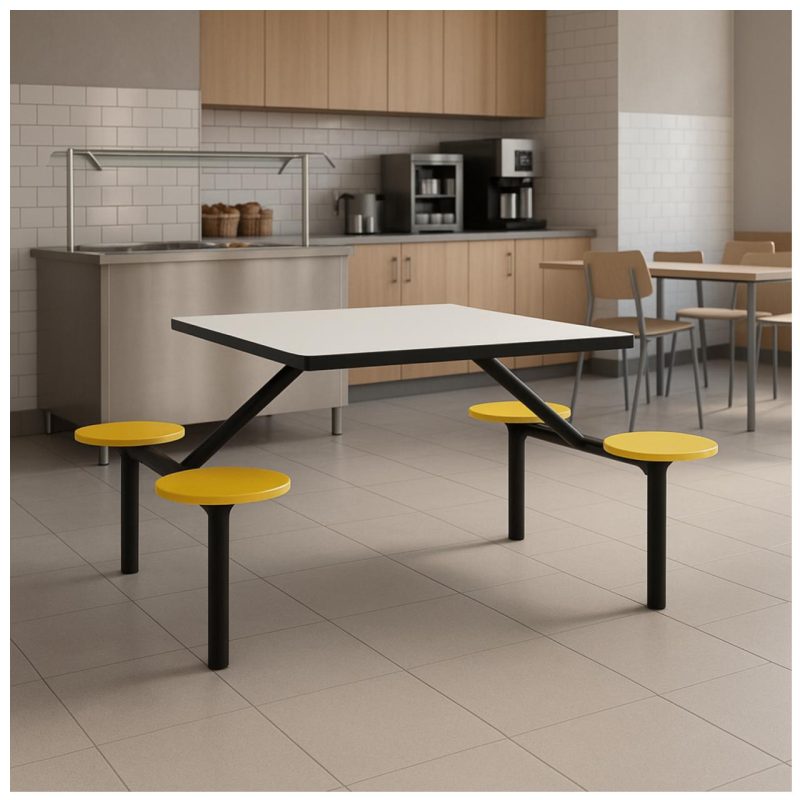 Mesa para Refeitório FIXA 4 Lugares MDP Branco de 25 mm - Assento AMARELO - 50303 Mesa para Refeitório FIXA 4 Lugares MDP Branco de 25 mm - Assento AMARELO - 50303