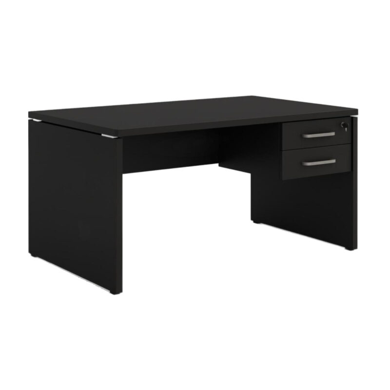 Mesa de escritório preta com duas gavetas e pés painel Mesa de escritório preta com tampo retangular, duas gavetas suspensas, puxadores prateados e pés painel.