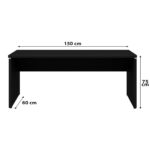 Medidas da mesa de escritório preta de 150 × 60 cm Diagrama da mesa preta com medidas de 150 cm de largura, 60 cm de profundidade e 75 cm de altura.