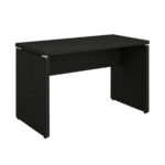 Mesa reta preta sem gavetas em perspectiva, com lateral esquerda em destaque e espaçadores claros sob o tampo.