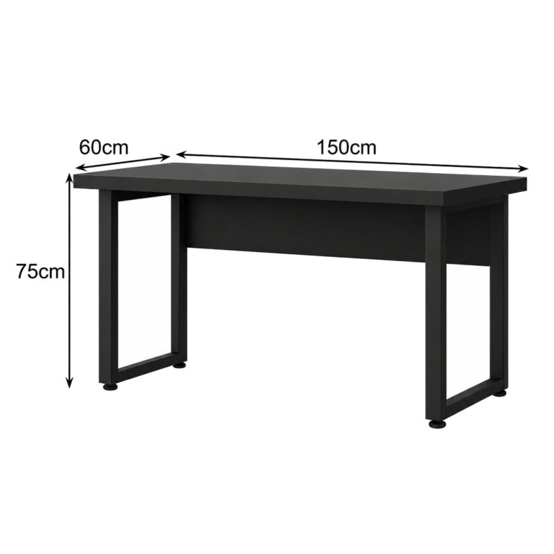 Diagrama da mesa preta com cotas de 150 cm de largura, 60 cm de profundidade e 75 cm de altura.