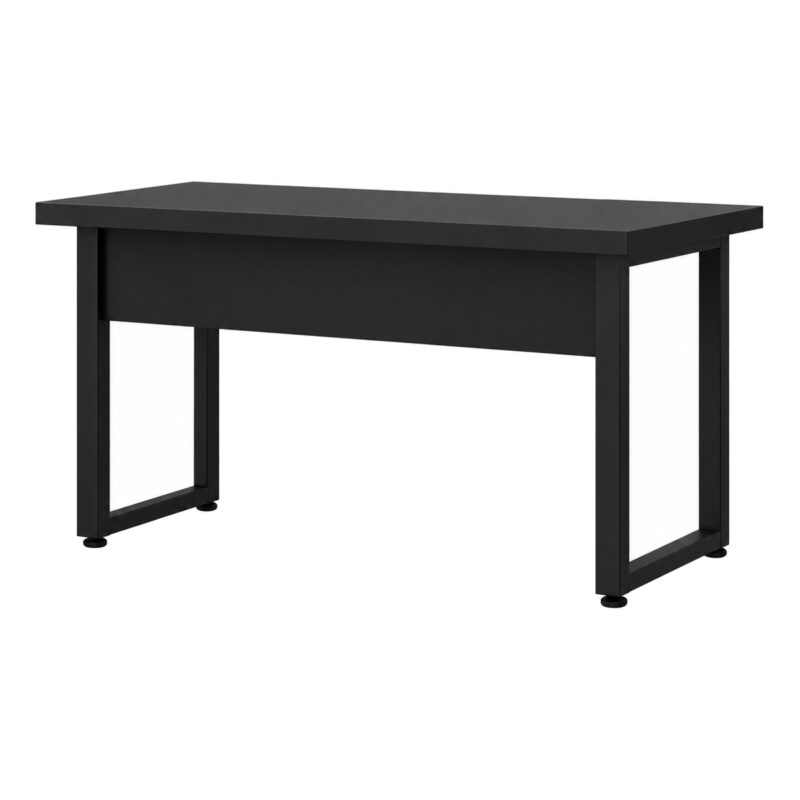 Mesa preta vista pela parte posterior em ângulo oposto, com painel horizontal e dois pés retangulares.