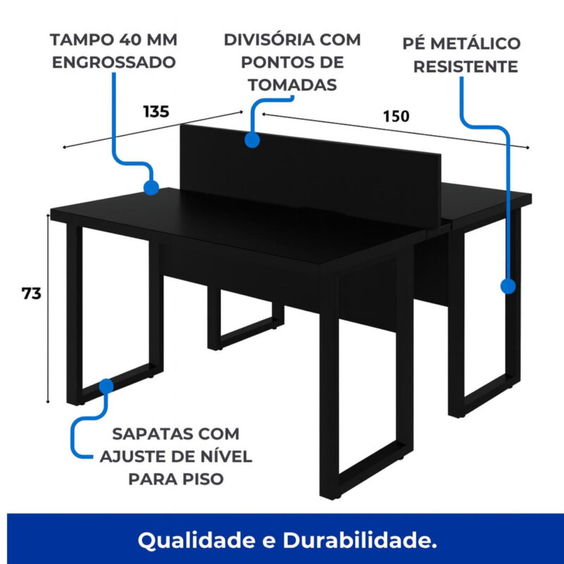 Diagrama da mesa dupla preta com medidas e indicações de tampo de 40 mm, divisória com tomadas e pés metálicos.