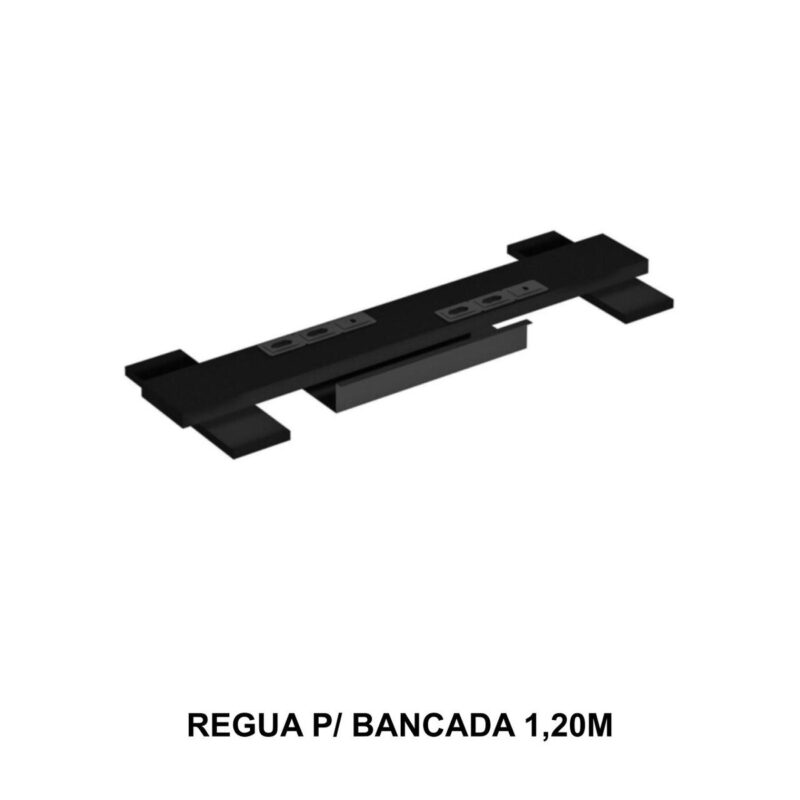 Régua preta com módulos de tomadas e abas de apoio, isolada sobre fundo branco e identificada para bancada de 1,20 m.