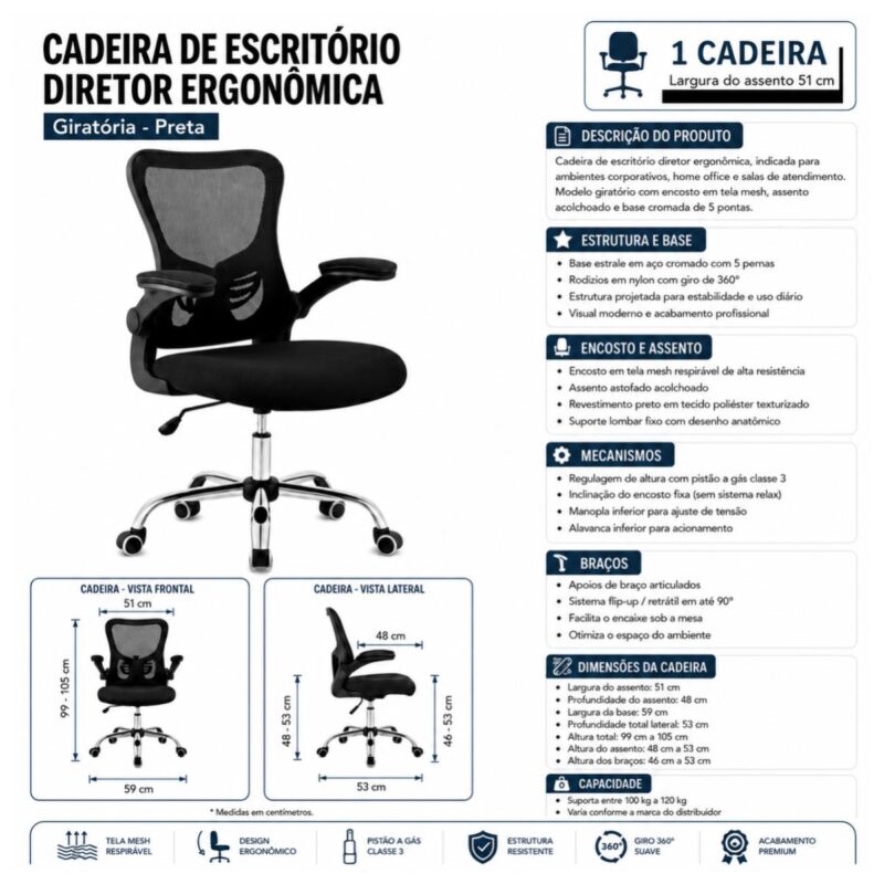 Cadeira de Escritório Cadeira de Escritório Diretor Ergonômica Giratória Preta