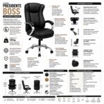 Ficha técnica da Cadeira Presidente BOSS com mecanismo relax, pistão classe 3 e capacidade recomendada de 120 kg.